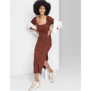 Women's Long Sleeve Rib Knit Midi Dress Dark Brown XL